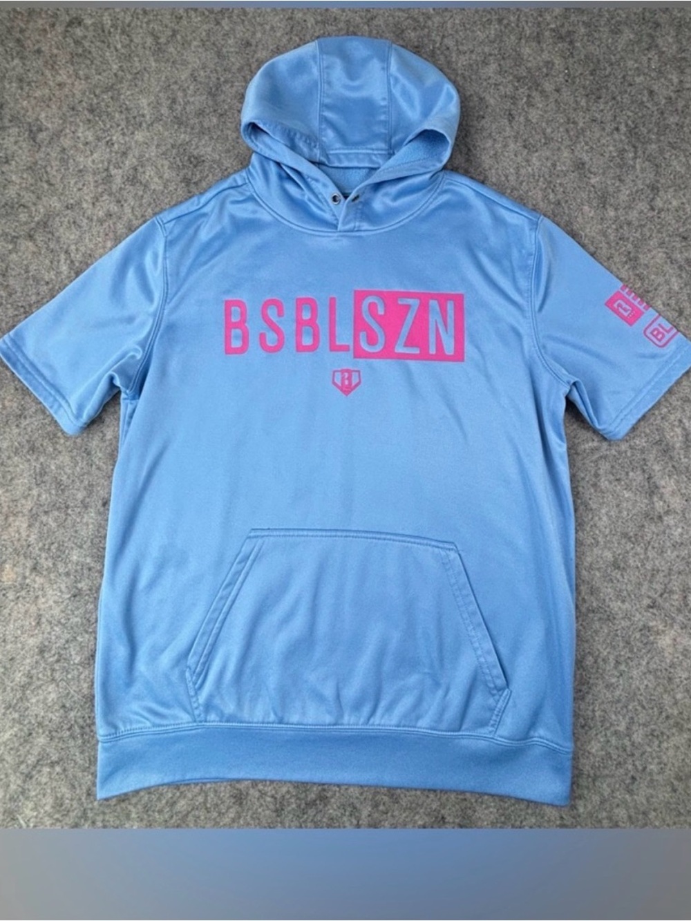 BSBL SZN Kids Short-Sleeve Hoodie - Light Blue with Pink Logo Youth Large